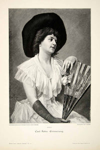 1893 Wood Engraving Carl Sohn Erinnerung Wife Portrait Fan Flower Glove MK1