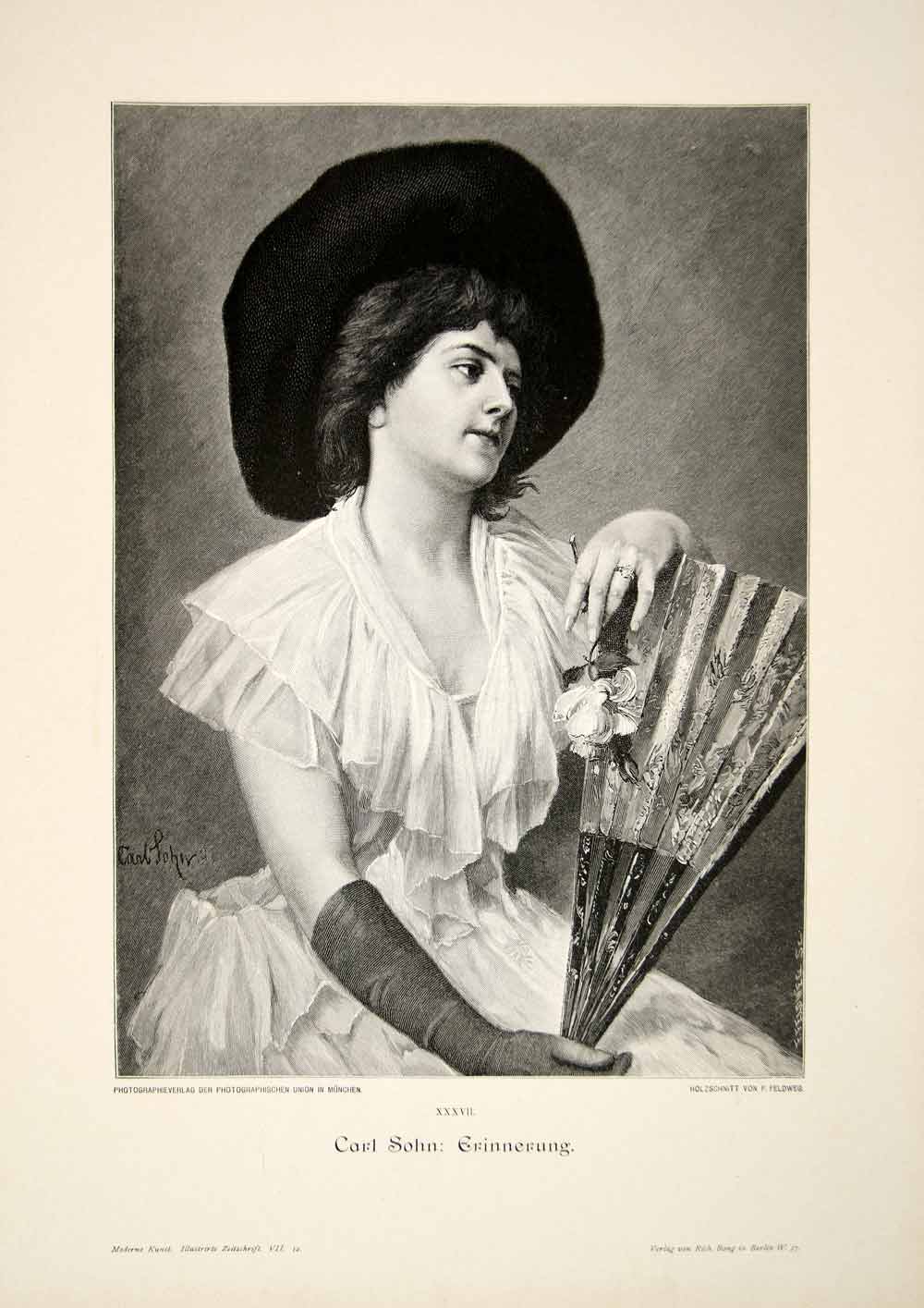 1893 Wood Engraving Erinnerung Memory Carl Sohn Wife Flower Ring Dress MK1