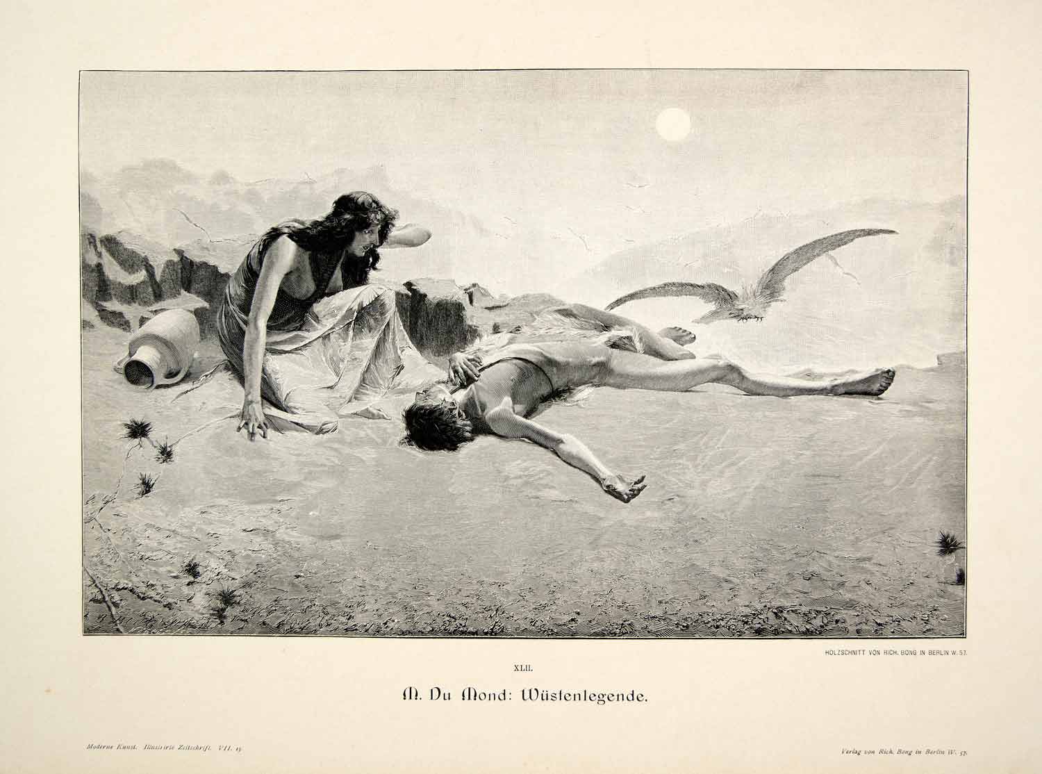 1893 Wood Engraving Vulture Lovers Death Classical Desert Wustenlegende Du MK1