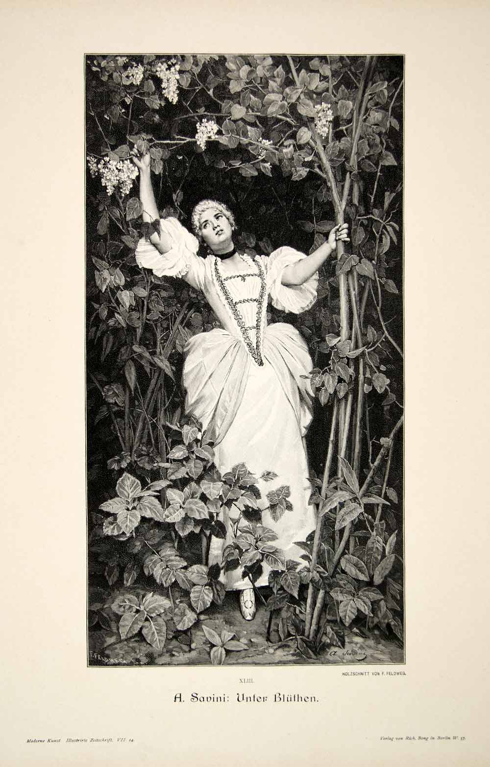 1893 Wood Engraving Savini Unter Bluthen Flowers Portrait Dress Girl Woman MK1