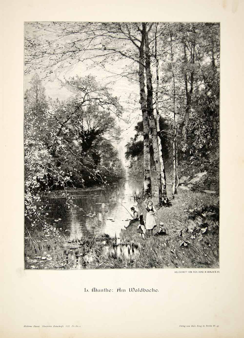 1893 Wood Engraving Munthe Waldbache Landscape Stream Forest Fishing Family MK1