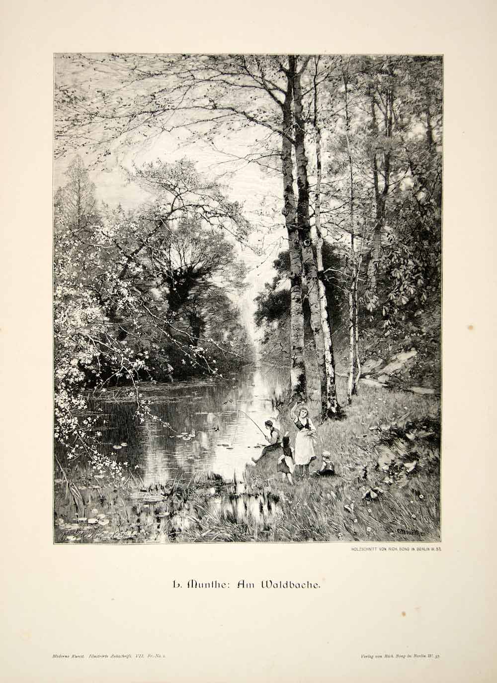 1893 Wood Engraving Forest Brook Family Munthe Waldbache Tree Spring Mother MK1