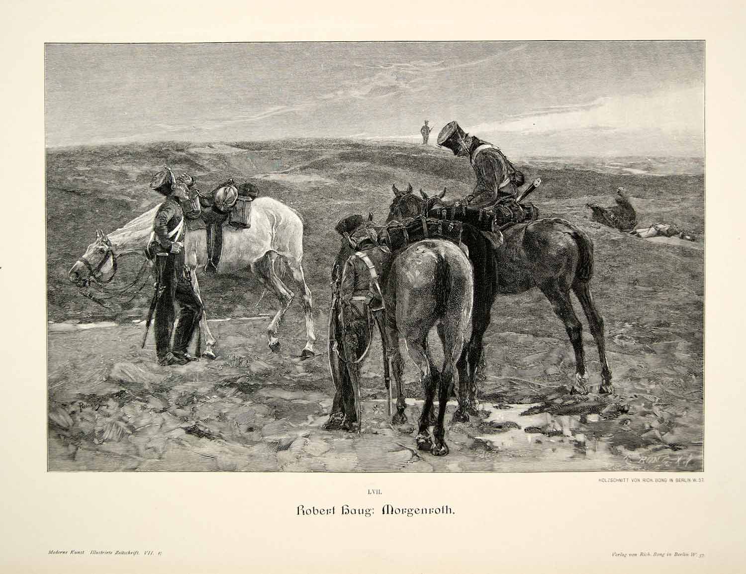 1893 Wood Engraving Soldiers Dawn Morgenroth Robert Haug Horses Sunrise MK1