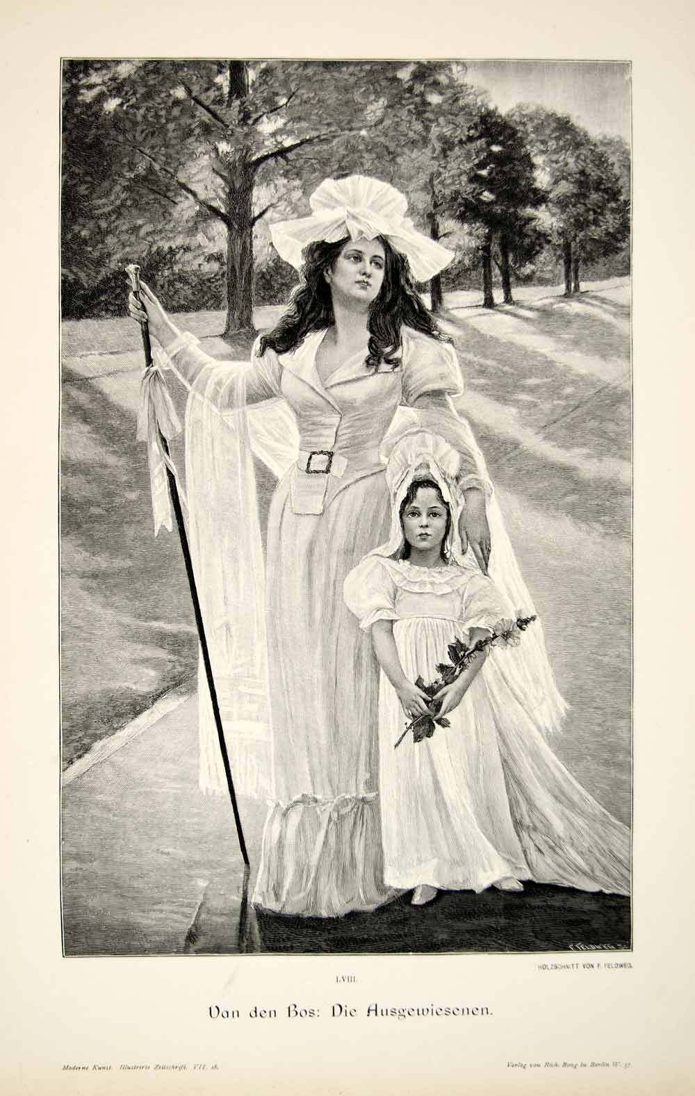 1893 Wood Engraving Ausgewiesenen Ward Dress Van Den Bos Girl Flower Dress MK1