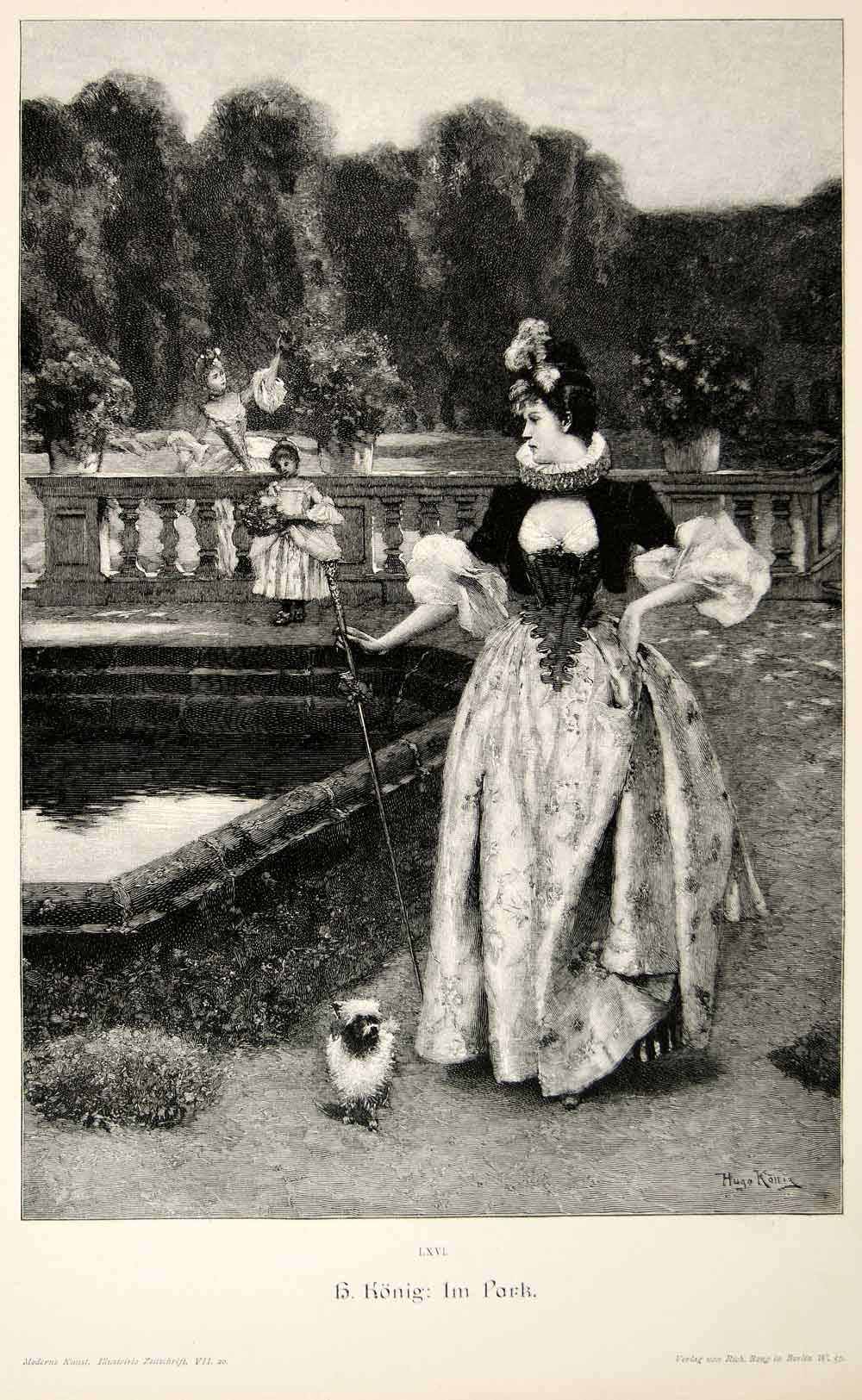1893 Wood Engraving Park Hugo Konig Dog Gown Dress Pond Child Fashion MK1
