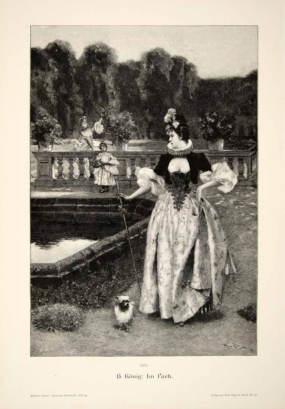1893 Wood Engraving Bodice Gown Hugo Konig Park Cane Fashion Dress Sleeves MK1