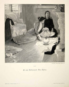 1893 Wood Engraving Opfer Richemont Letters Lamp Women Living Room Notes MK1