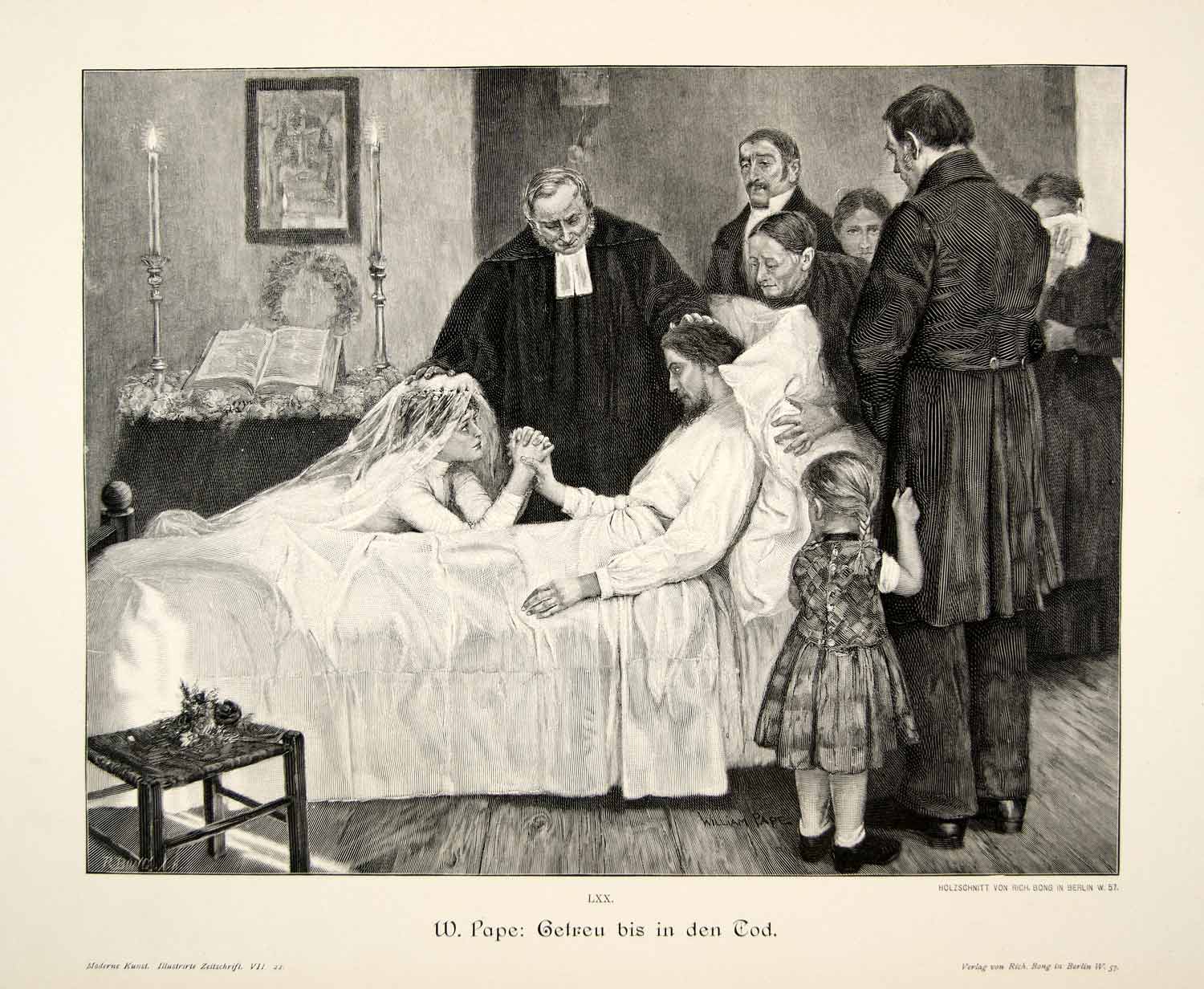1893 Wood Engraving Marriage William Pape Deathbed Daughter Minister Getreu MK1