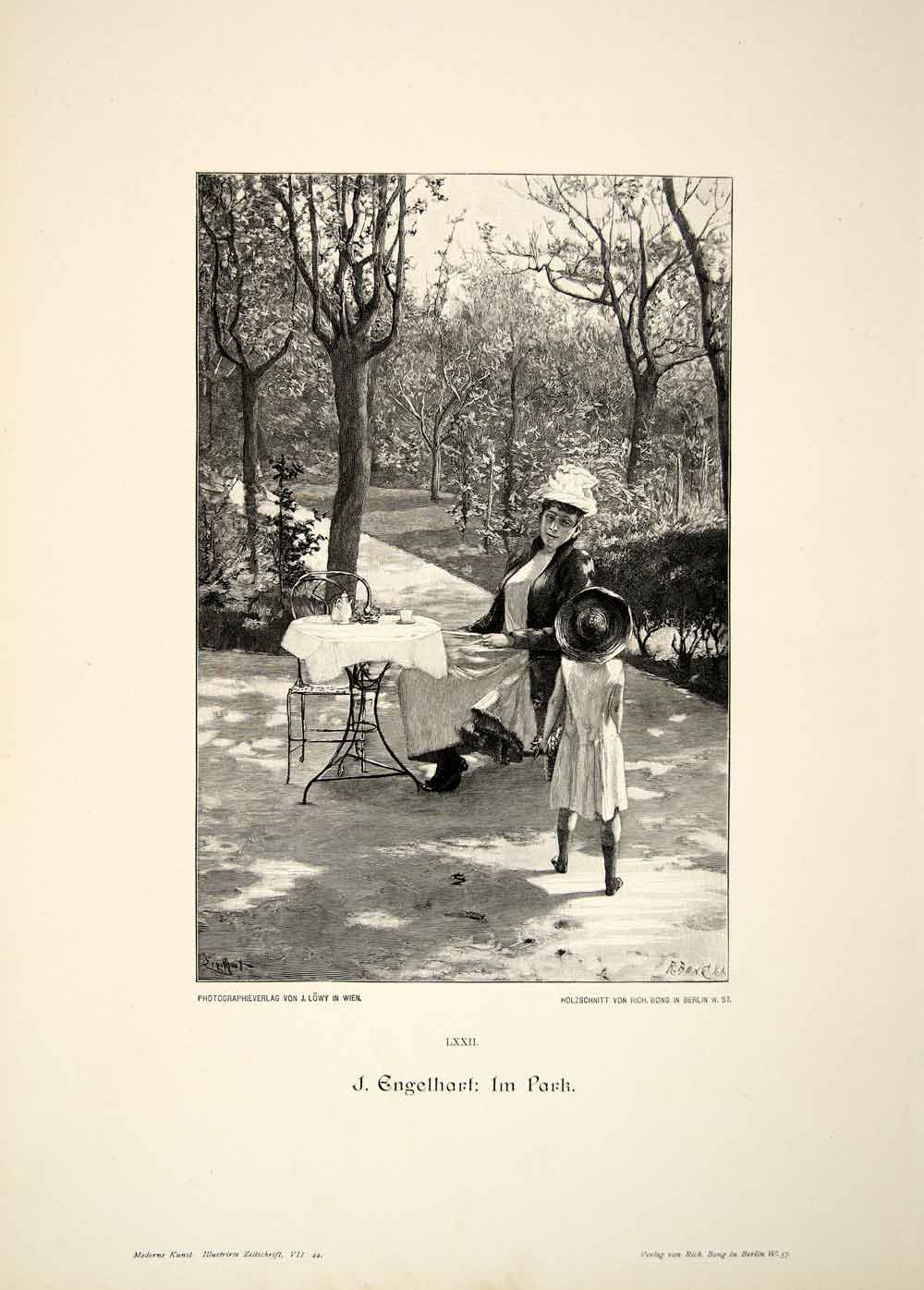 1893 Wood Engraving Park Engelhart Child Mother Daughter Tea Hat Sunny Girl MK1