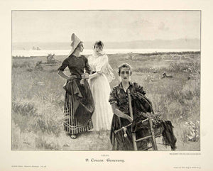 1893 Wood Engraving Bonnet Costume Bracing Countryside Corcos Genesung MK1
