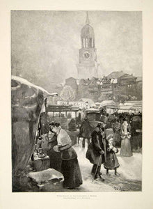 1893 Wood Engraving Christmas Market Hamburg Zeughausplatze Dettmann Clock MK1