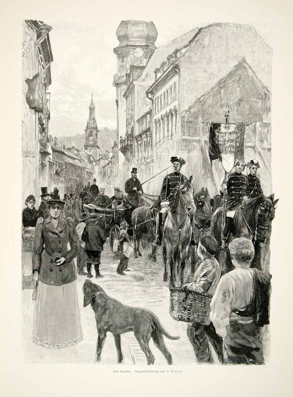 1893 Wood Engraving Blunck Komitat County Street Scene Carriage Dog Uniform MK1