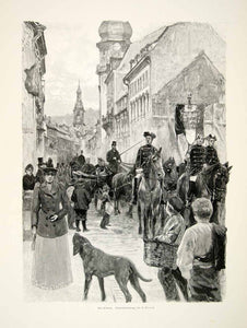 1893 Wood Engraving Komitat Blunck Horse Dog Boys Street Scene Church MK1