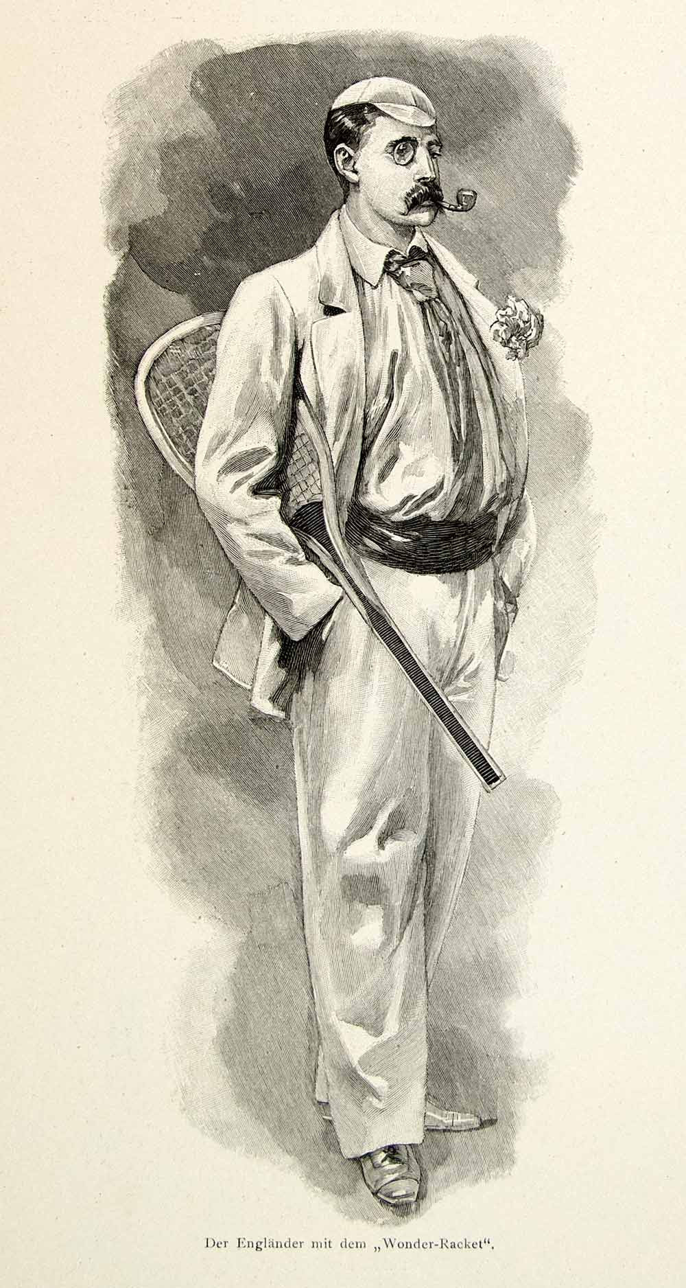 1893 Wood Engraving Englishman Tennis Wonder Racket Pipe Mustache Suit MK1 - Period Paper
