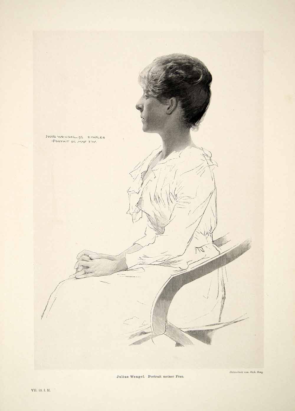 1893 Print Julius Wengel Portrait Wife Profile Richard Bong Hands Hairstyle MK1