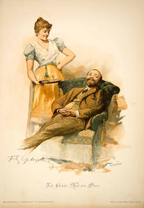 1893 Wood Engraving Fritz Gehrke Nach Diner Wife Digestif Chair Snooze Wife MK1
