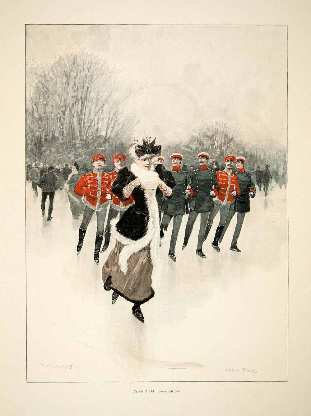 1893 Wood Engraving Fried Stahl Ice Skating Soldier Victorian Woman Muff MK1 - Period Paper
