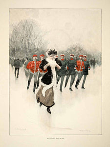1893 Wood Engraving Fried Stahl Ice Skating Soldier Victorian Woman Muff MK1 - Period Paper
