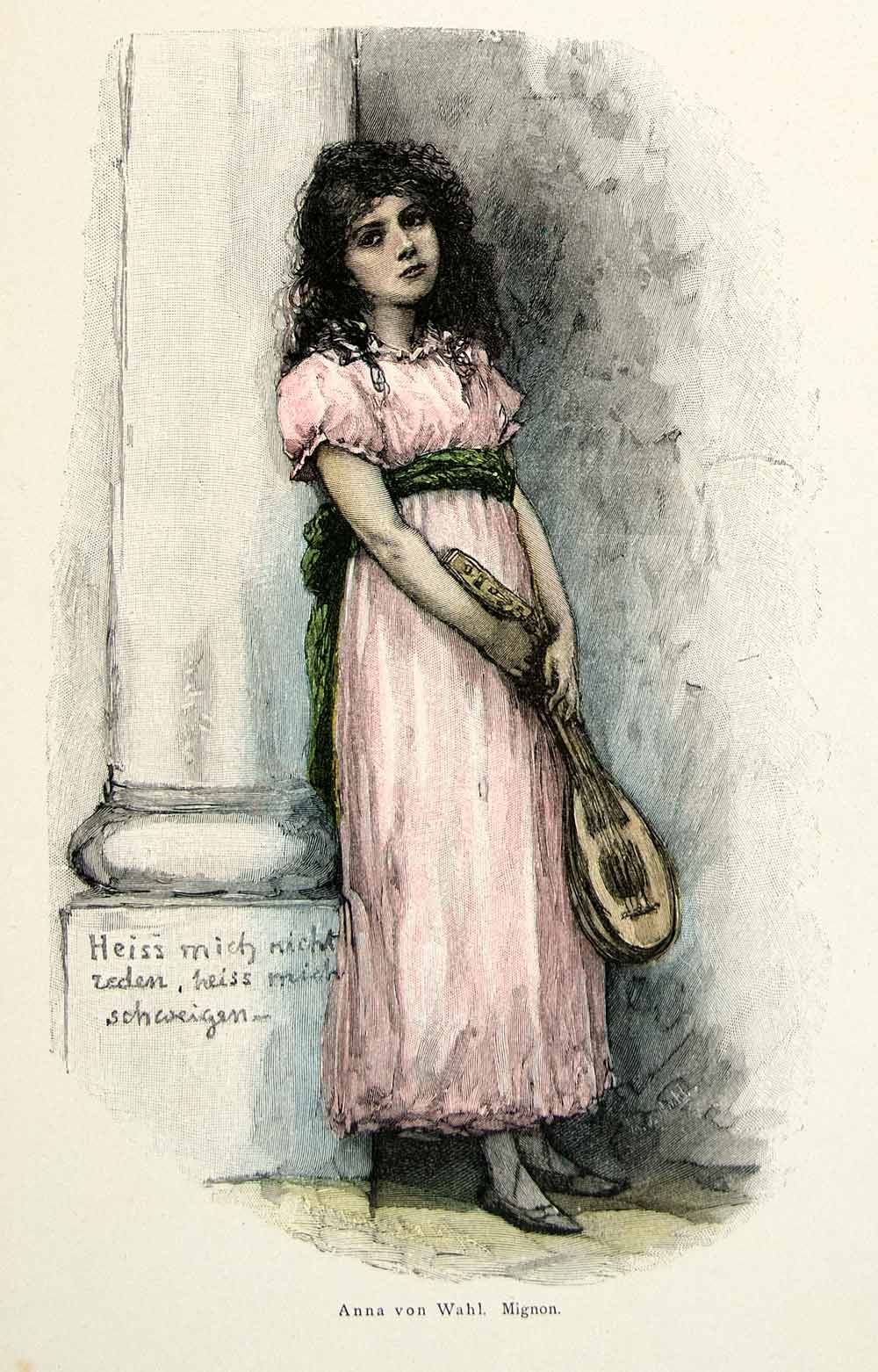 1893 Wood Engraving Anna Wahl Mignon Musical Instrument Victorian Child Girl MK1