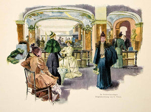 1893 Wood Engraving Silk Shop Victorian Thiel Women Dress Parasol Store MK1