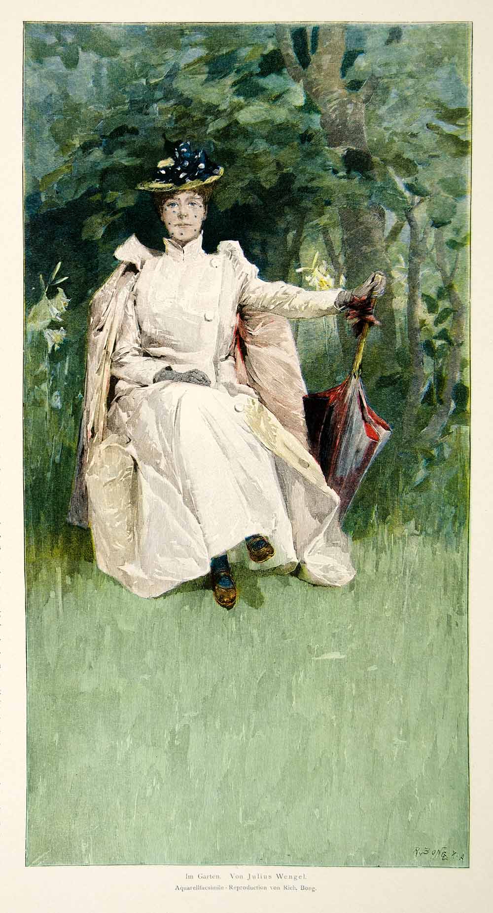 1893 Wood Engraving Garden Julius Wengel Victorian Hat Veil Parasol Dress MK1
