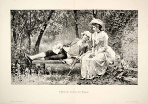 1893 Wood Engraving Andreotti Poetry Spells Lovers Romance Garden Scene Cane MK1