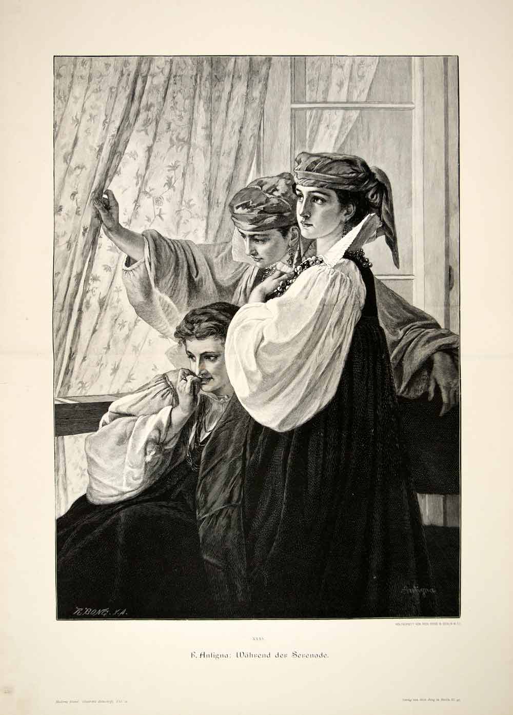 1893 Wood Engraving During Serenade Antigna Romance Love Friends Costume MK1