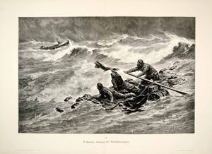 1893 Wood Engraving Rescue Retung Schiffbruchigen Shipwrecked Ocean Boat MK1