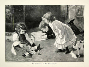 1907 Wood Engraving Nursery Children Playing Toys Kinderstube Geffcken Girls MK2