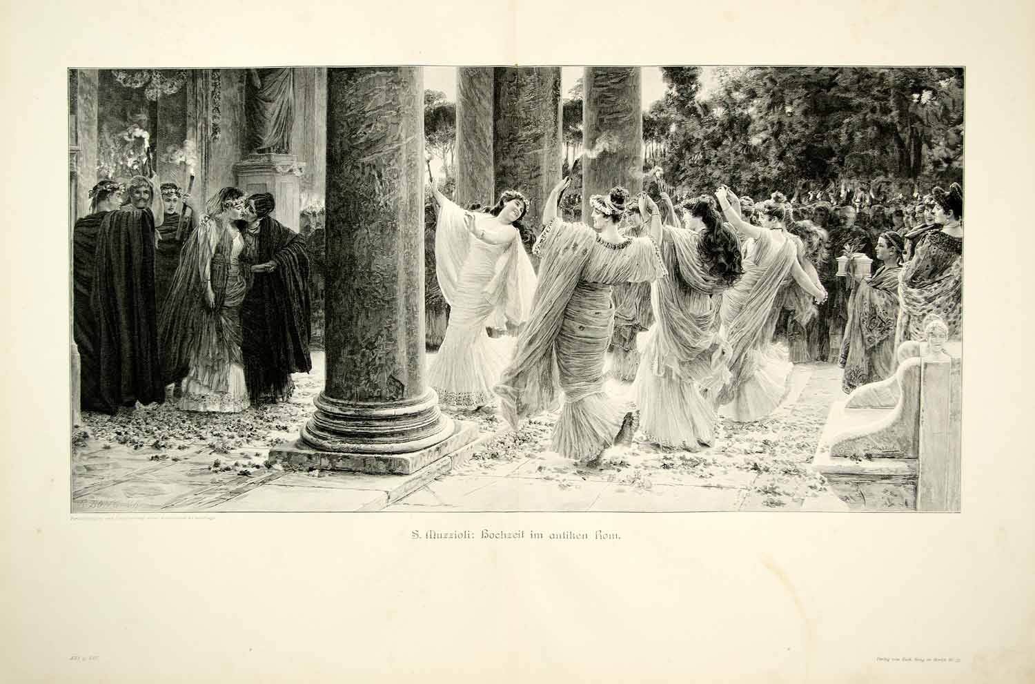 1907 Wood Engraving Wedding Rome Celebration Toga Dancing Performer Muzzioli MK2