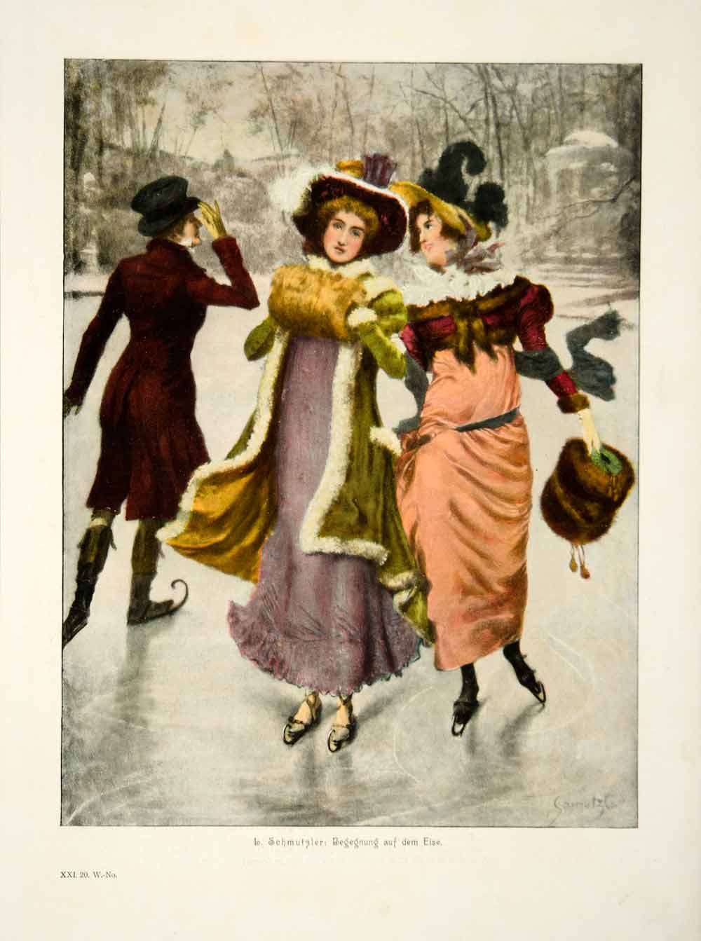 1907 Photolithograph Encounter Ice Fashion Costume Skating Girls Schmutzler MK2