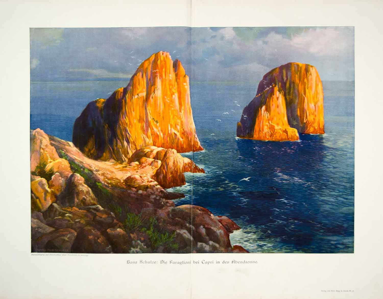 1907 Photolithograph Faraglioni Capri Rocks Hans Schulze Ocean Cliffs Sunset MK2