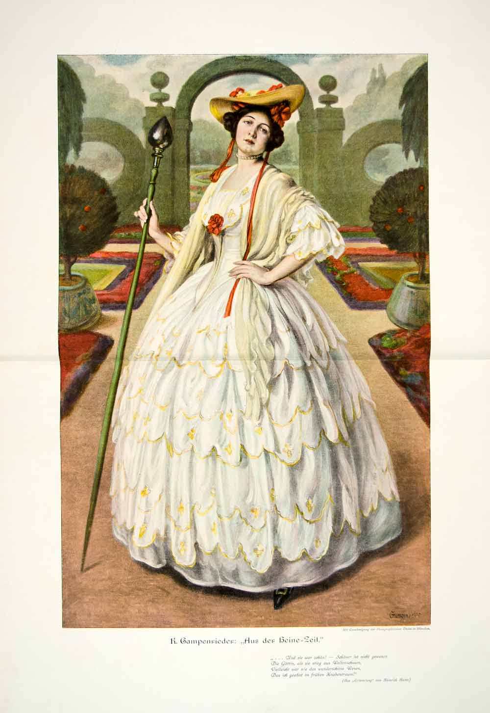 1907 Photolithograph Campenrieder Heine Beauty Dress Gown German Garden Hat MK2