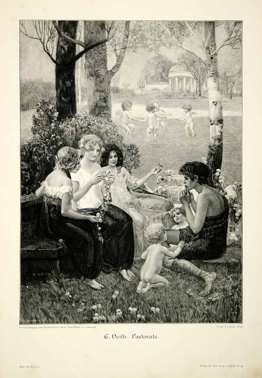 1907 Wood Engraving Art Eduard Veith Nude Cupid Women Garden Gazebo Shepherd MK3