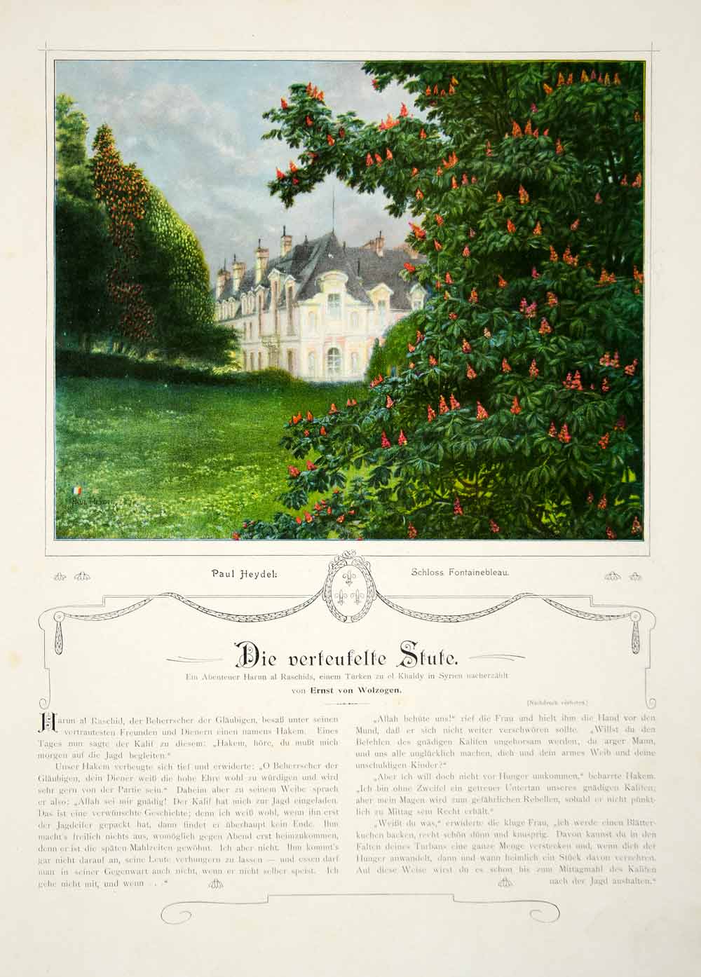 1907 Photolithograph Paul Heydel Art Schloss Fontainebleau Garden Estate MK3