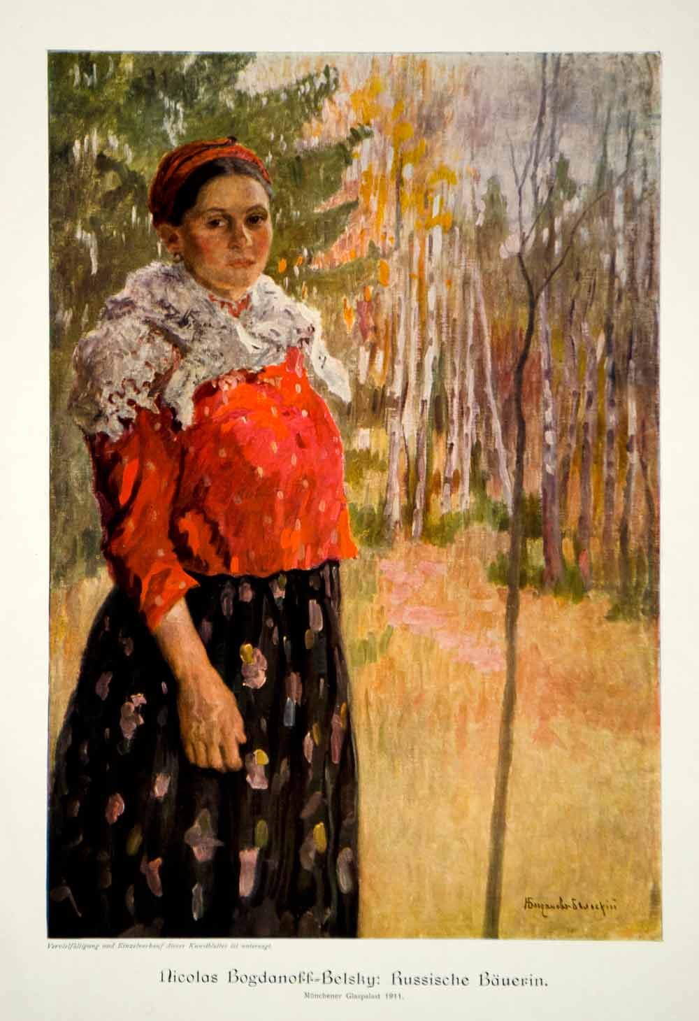 1912 Photolithograph Nikolay Bogdanov-Belsky Russian Peasant Woman Costume MK4