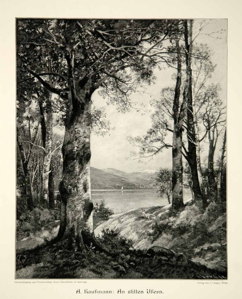 1912 Wood Engraving An Stillen Ufern Lake Shoreline Landscape A. Kaufmann MK4