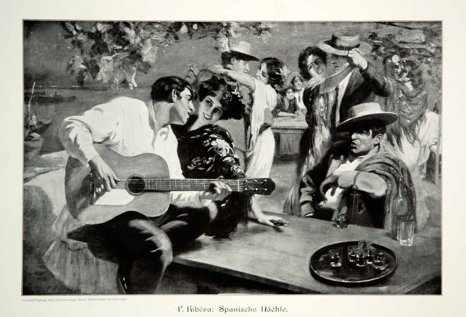 1912 Print Ribera Spanische Nachte Spanish Night Guitar Dance Dancers Music MK4