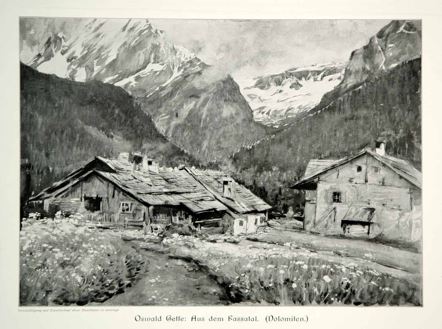 1912 Print Oswald Gette Fassa Valley Val de Fascia Dolomites Mountains Italy MK4