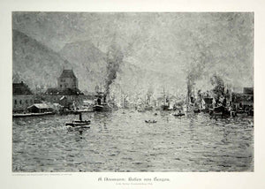 1912 Print Adelsteen Normann Hafen von Bergen Port Harbor Norway Norwegian MK4