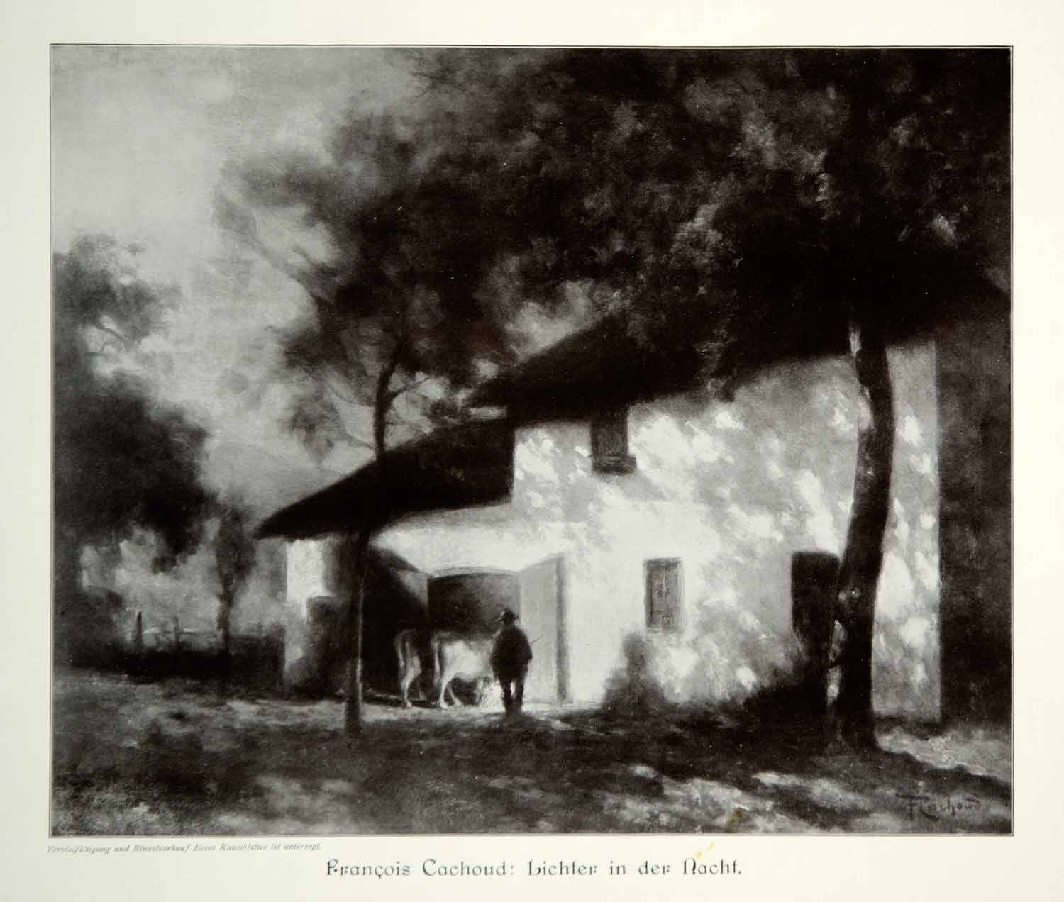 1912 Print Francois Cachoud Art Painting Farmhouse Nighttime Farm Building MK4