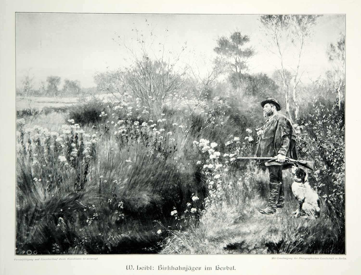 1912 Print Wilhelm Leibl Art Hunter Gun Dog Retriever Grouse Hunting Autumn MK4