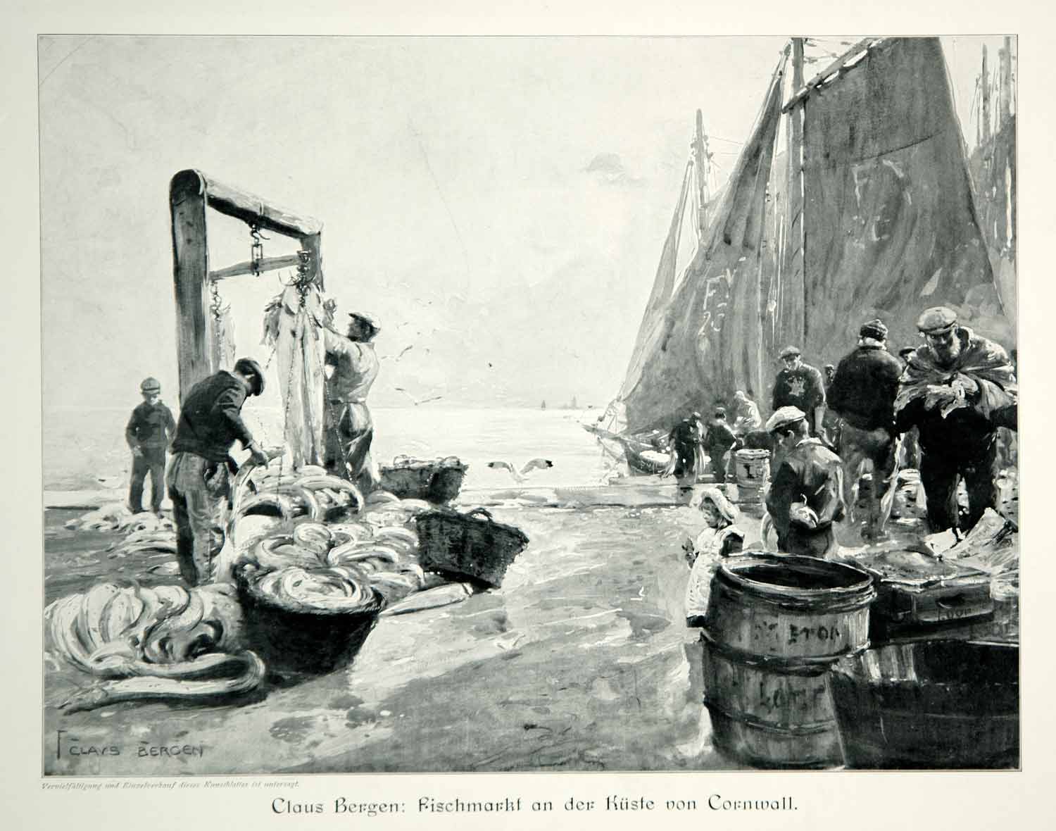 1912 Print Claus Bergen Art Fish Market Cornwall Coast England Fishermen MK4