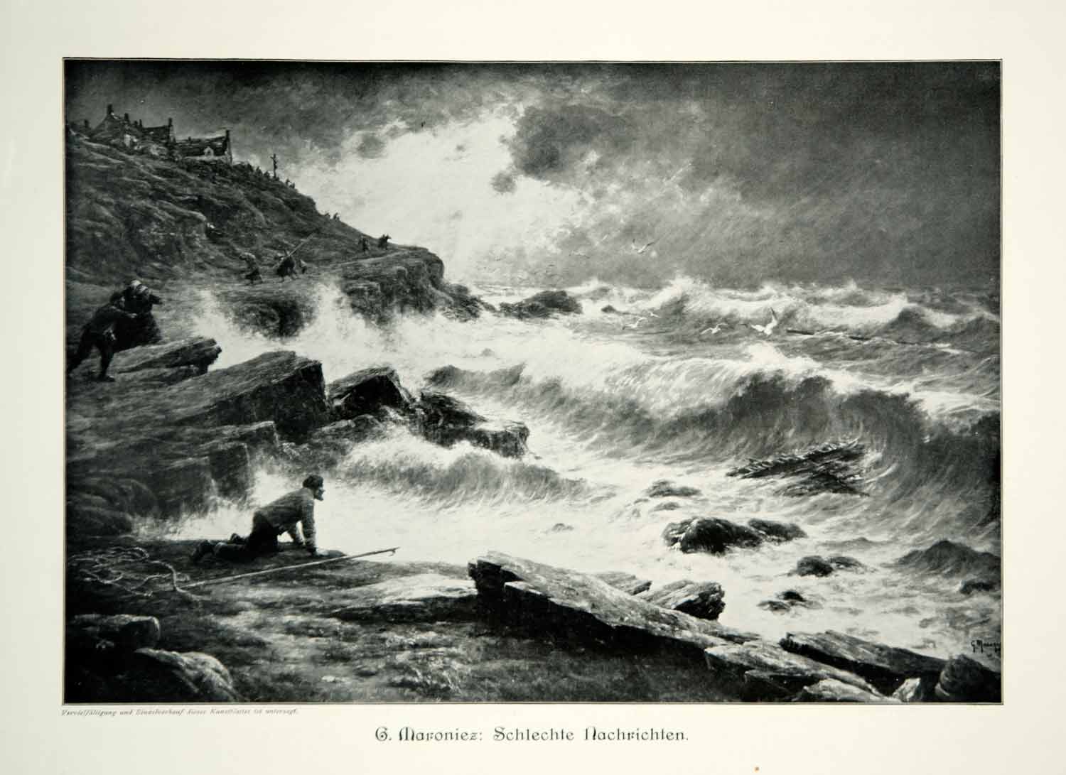 1912 Print Georges Maroniez Art Shipwreck Sea Disaster Storm Coastline Boat MK4