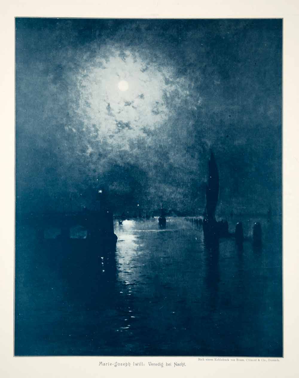 1912 Photolithograph Marie Joseph Leon Iwill Art Venice Venedig Night Scene MK4