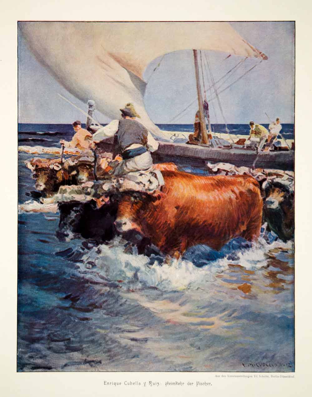 1912 Photolithograph Enrique Martinez Cubells y Ruiz Fishing Boat Oxen Team MK4