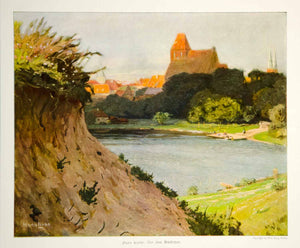 1912 Photolithograph Hans Licht Art Stadtchen Small Town Lake Landscape View MK4