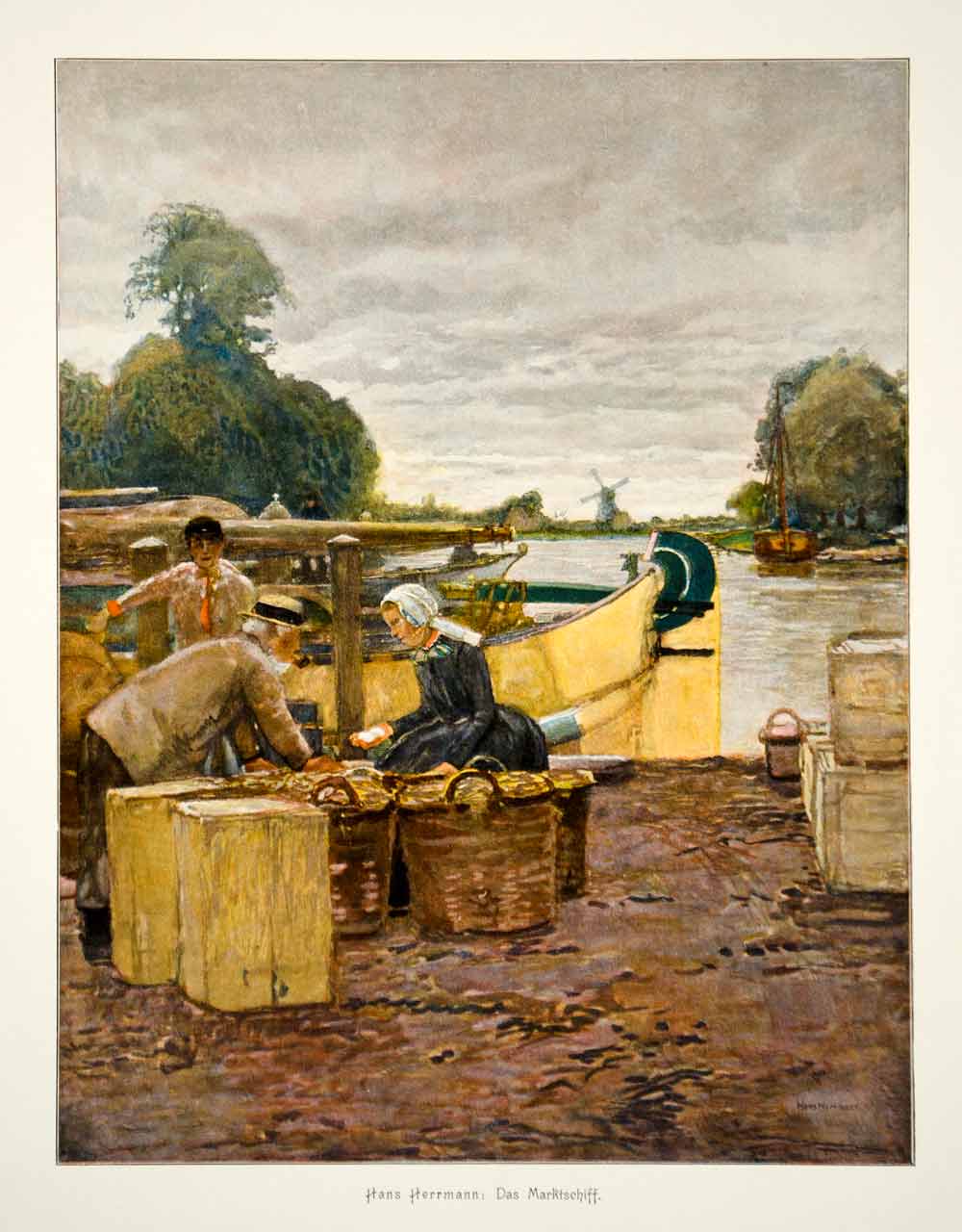 1912 Photolithograph Hans Herrmann Art Das Marktschiff Market Boat Holland MK4