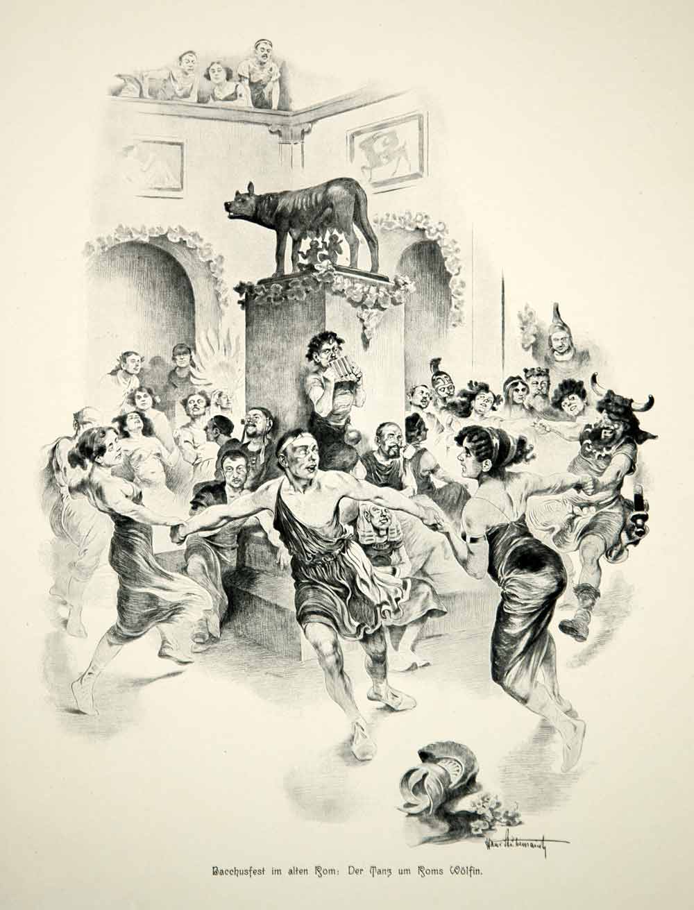 1912 Print Bacchanalia Ancient Rome Festival Bacchus Dance Capitoline Wolf  MK4