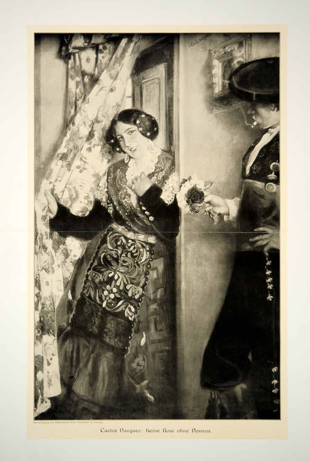1912 Print Carlos Vazquez Art Keine Rose ohne Dornen Spanish Folk Costume MK4